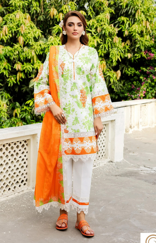 Charizma Premium Lawn 3 Piece Unstitched Suit – White & Orange