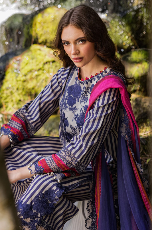 Charizma Premium Lawn 3 Piece Unstitched Suit – Navy Blue & Pink