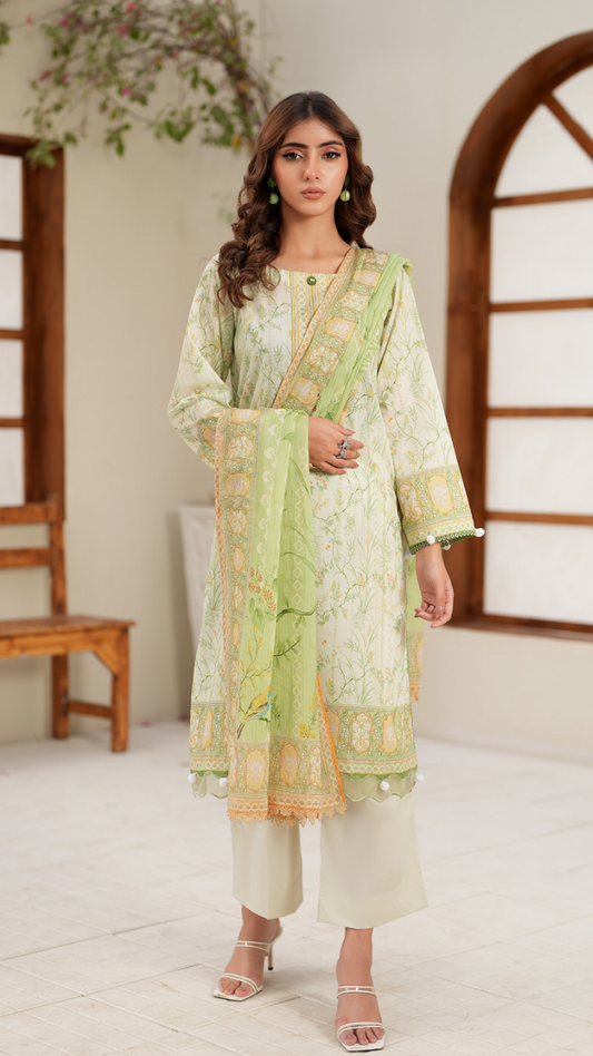 Premium Digital Printed Lawn 3 Piece Suit – Light Green