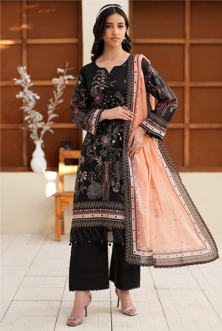Premium Digital Printed Lawn 3 Piece Suit – Black Peach