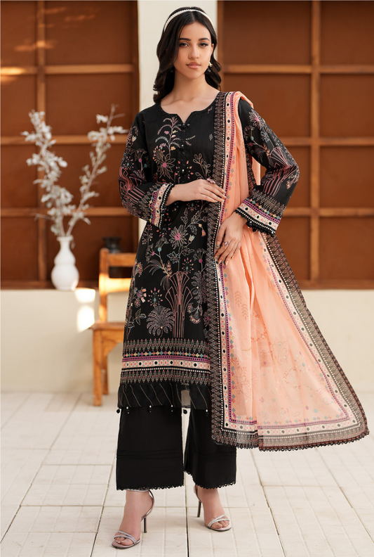 Premium Digital Printed Lawn 3 Piece Suit – Black Peach