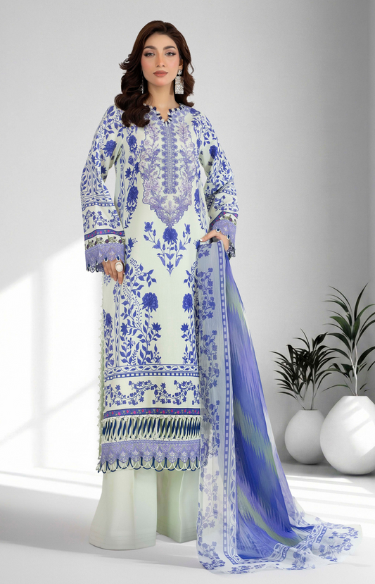 Premium Printed Lawn 3 Piece Suit - Blue & White