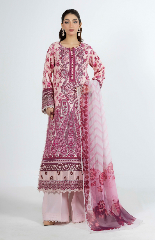 Premium Printed Lawn 3 Piece Suit - Pink & Light Grey