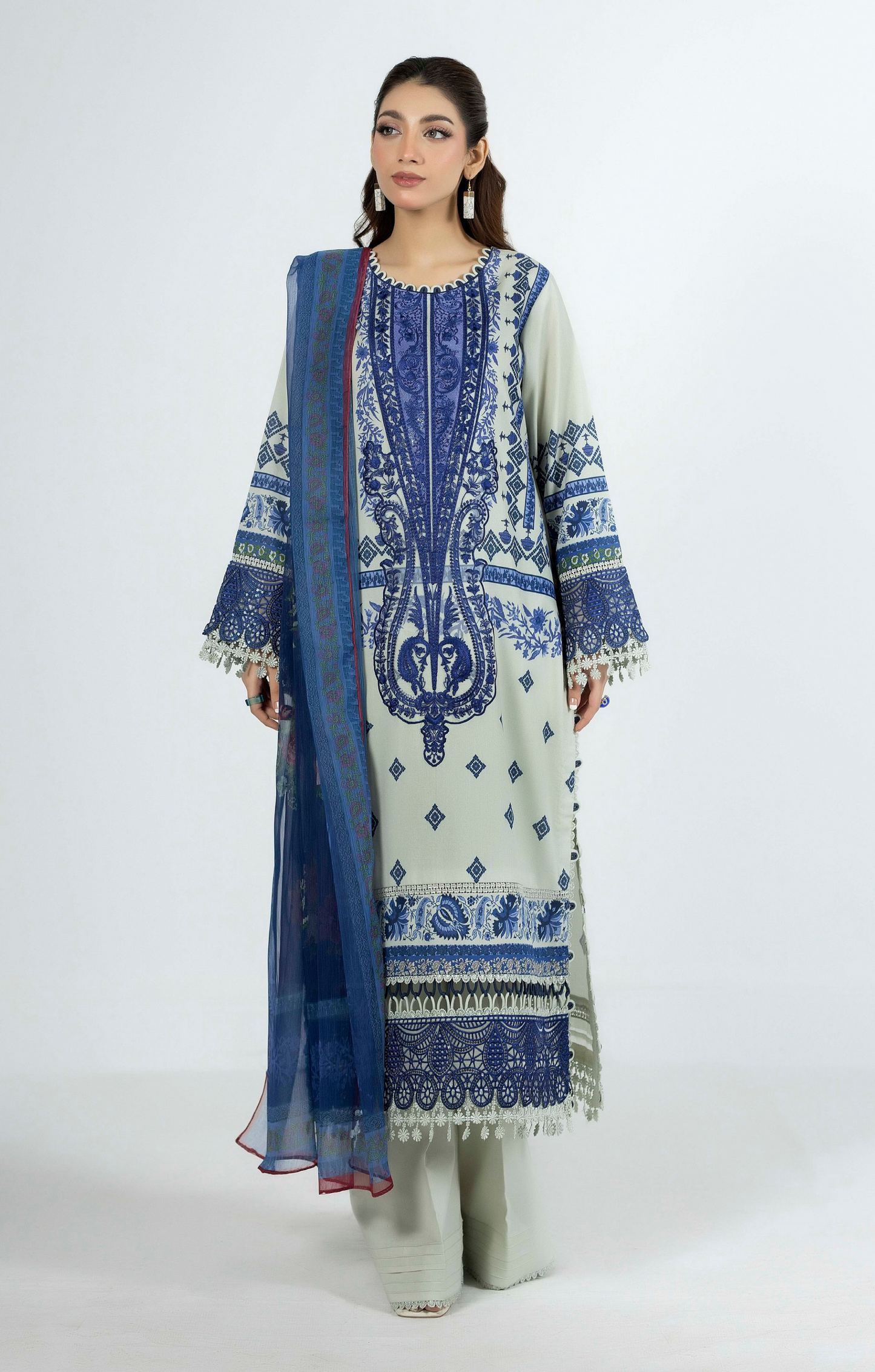 Premium Printed Lawn 3 Piece Suit - Blue & Light Grey