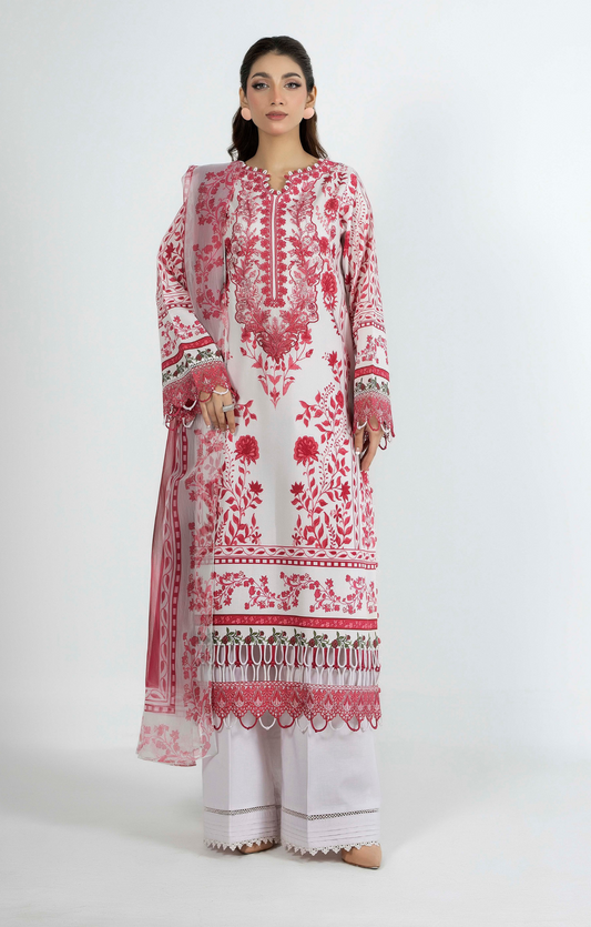 Premium Printed Lawn 3 Piece Suit - White & Red