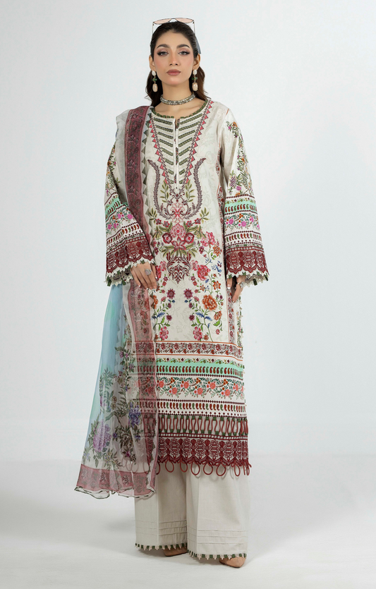 Premium Printed Lawn 3 Piece Suit - Beige Multi