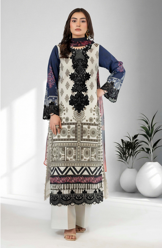 Premium Printed Lawn 3 Piece Suit - Cream & Black
