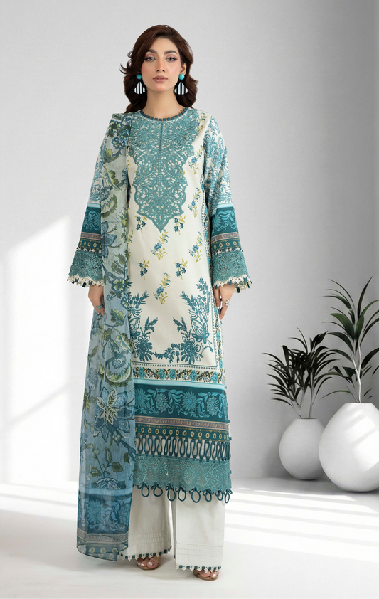 Premium Printed Lawn 3 Piece Suit - Teal & White