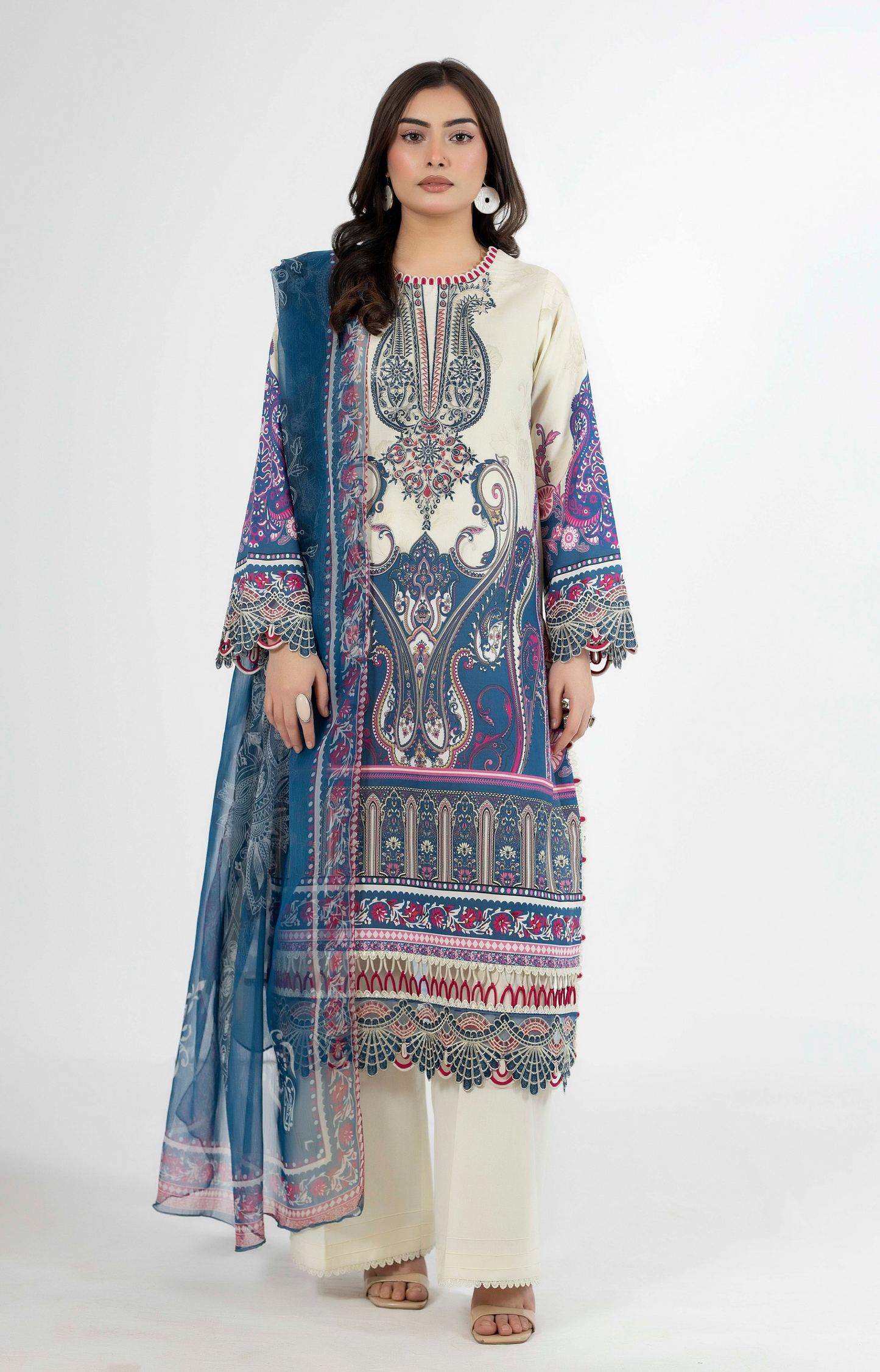 Premium Printed Lawn 3 Piece Suit - Blue & Cream