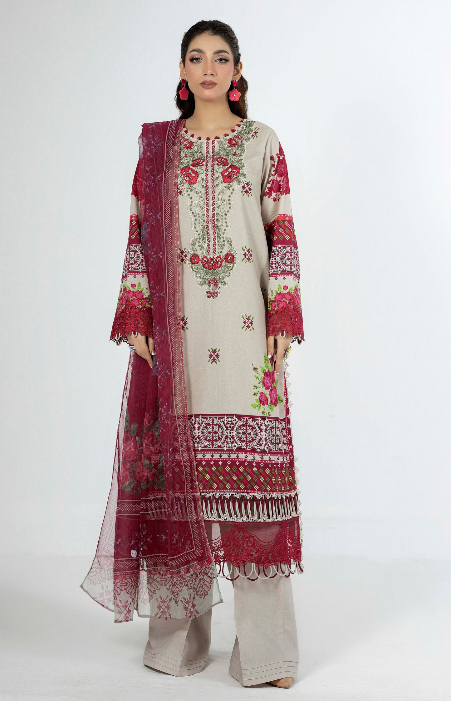 Premium Printed Lawn 3 Piece Suit - Beige & Red
