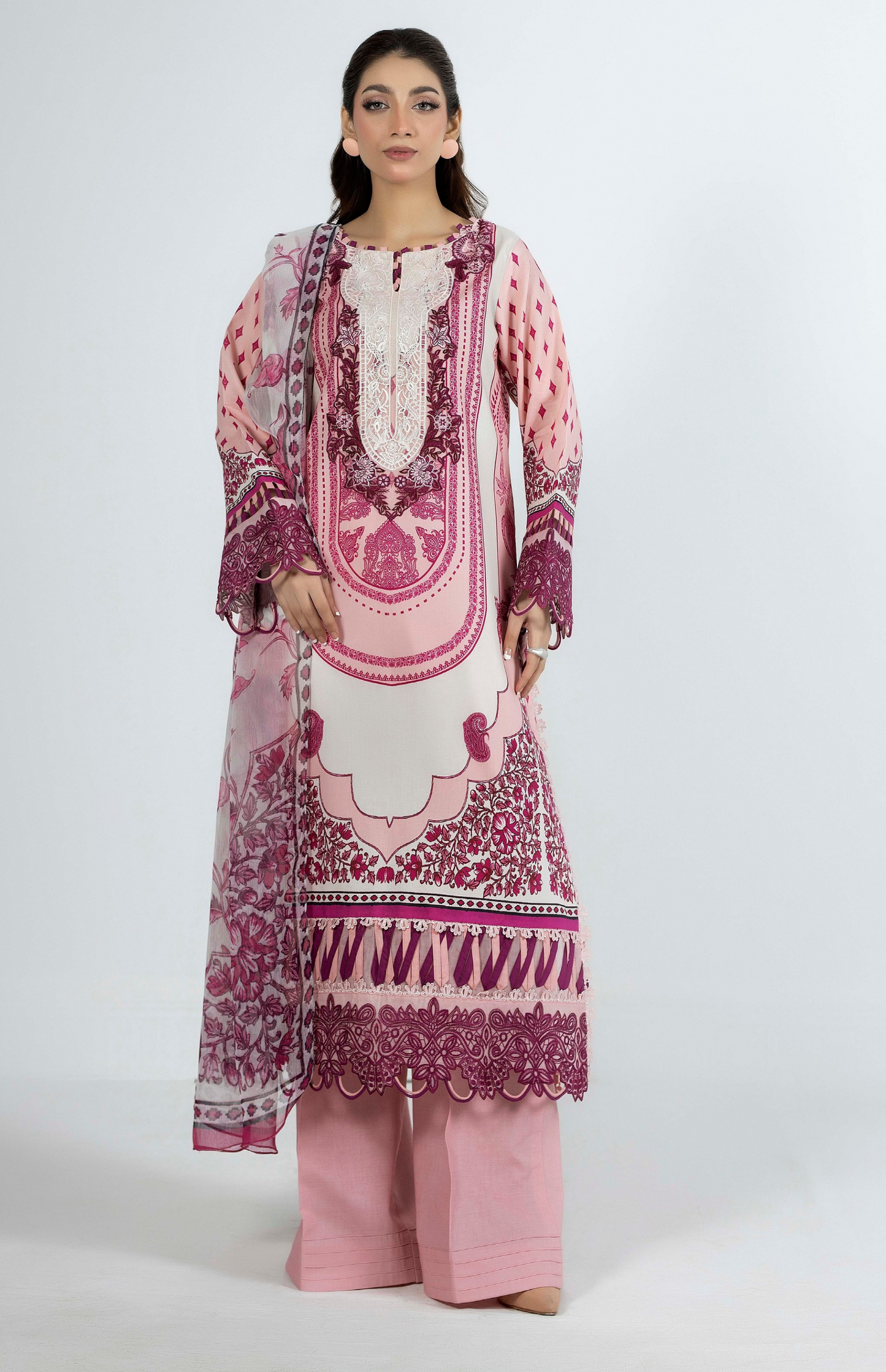 Premium Printed Lawn 3 Piece Suit - Pink & White